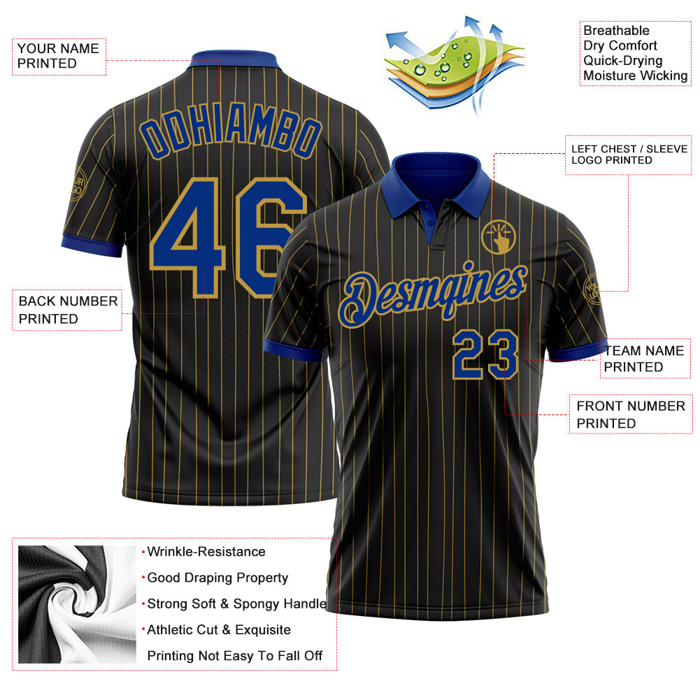 Custom Black Old Gold Pinstripe-Royal Performance Polo Shirt