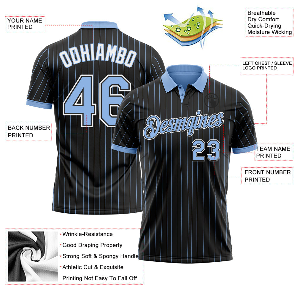 Custom Black Light Blue Pinstripe-White Performance Polo Shirt