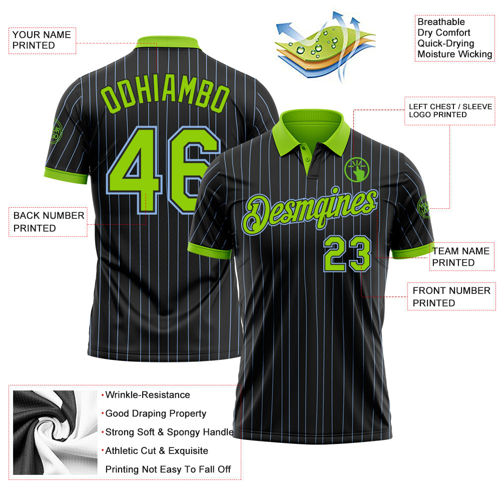 Custom Black Light Blue Pinstripe Neon Green-Light Blue Performance Polo Shirt