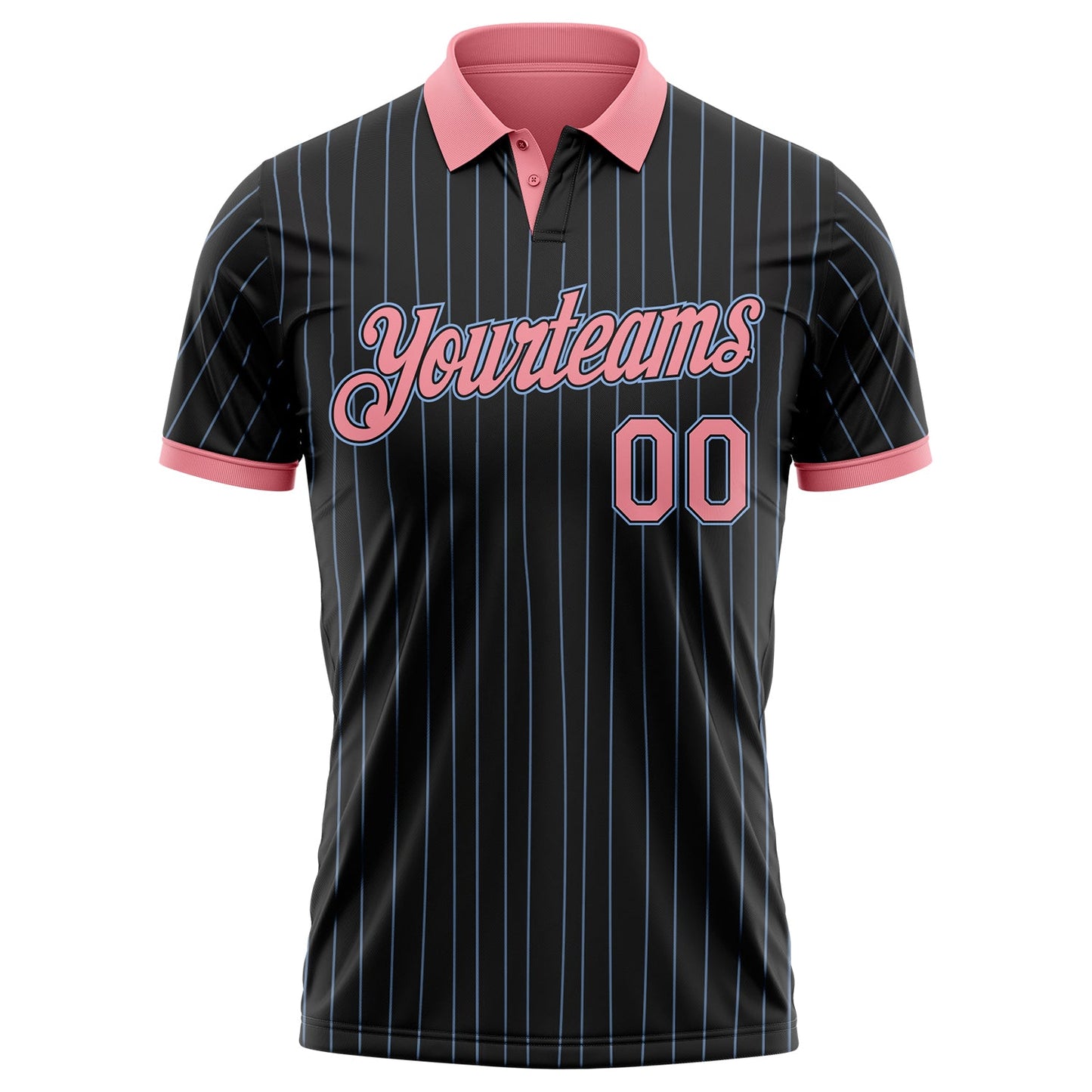 Custom Black Light Blue Pinstripe-Medium Pink Performance Polo Shirt
