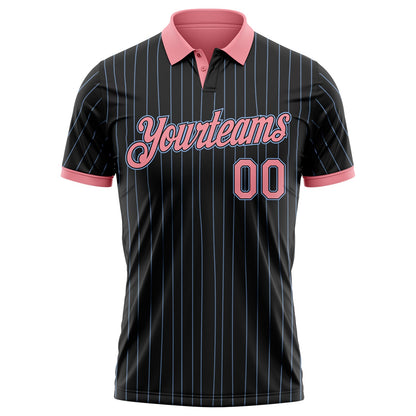 Custom Black Light Blue Pinstripe-Medium Pink Performance Polo Shirt
