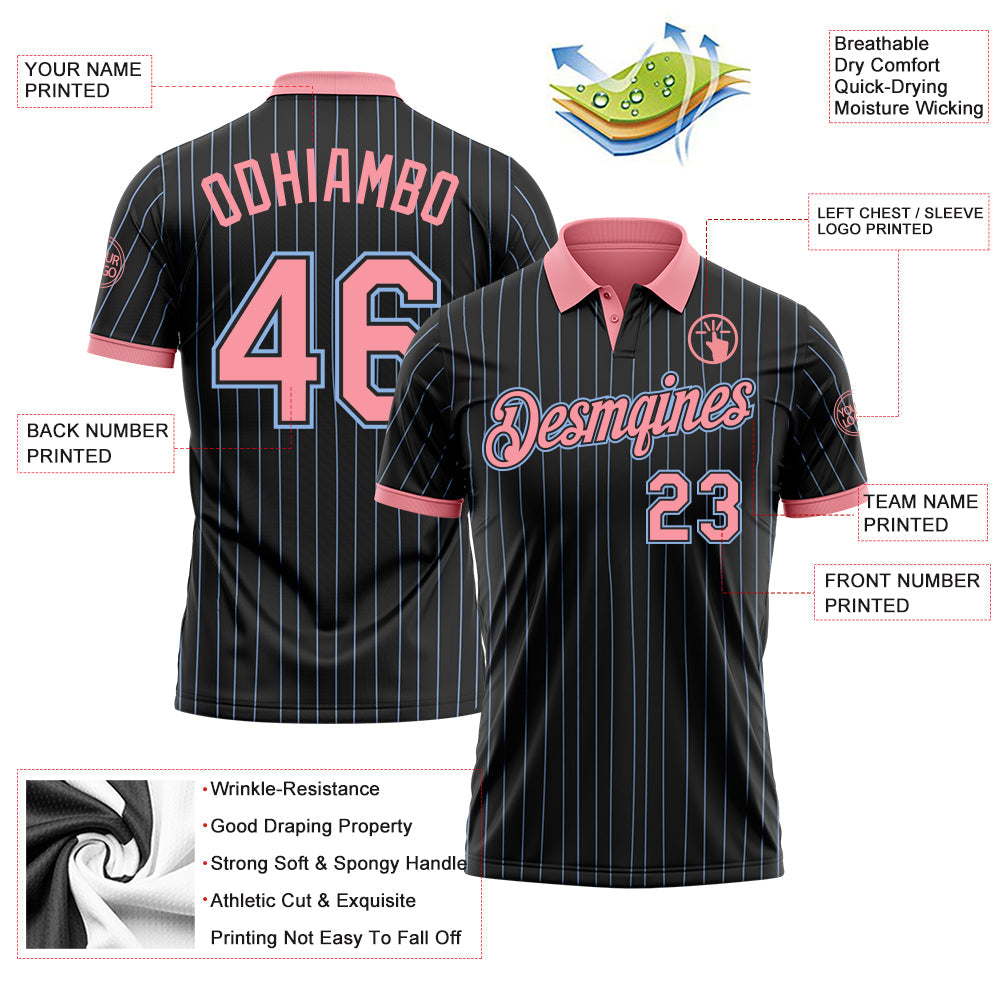 Custom Black Light Blue Pinstripe-Medium Pink Performance Polo Shirt