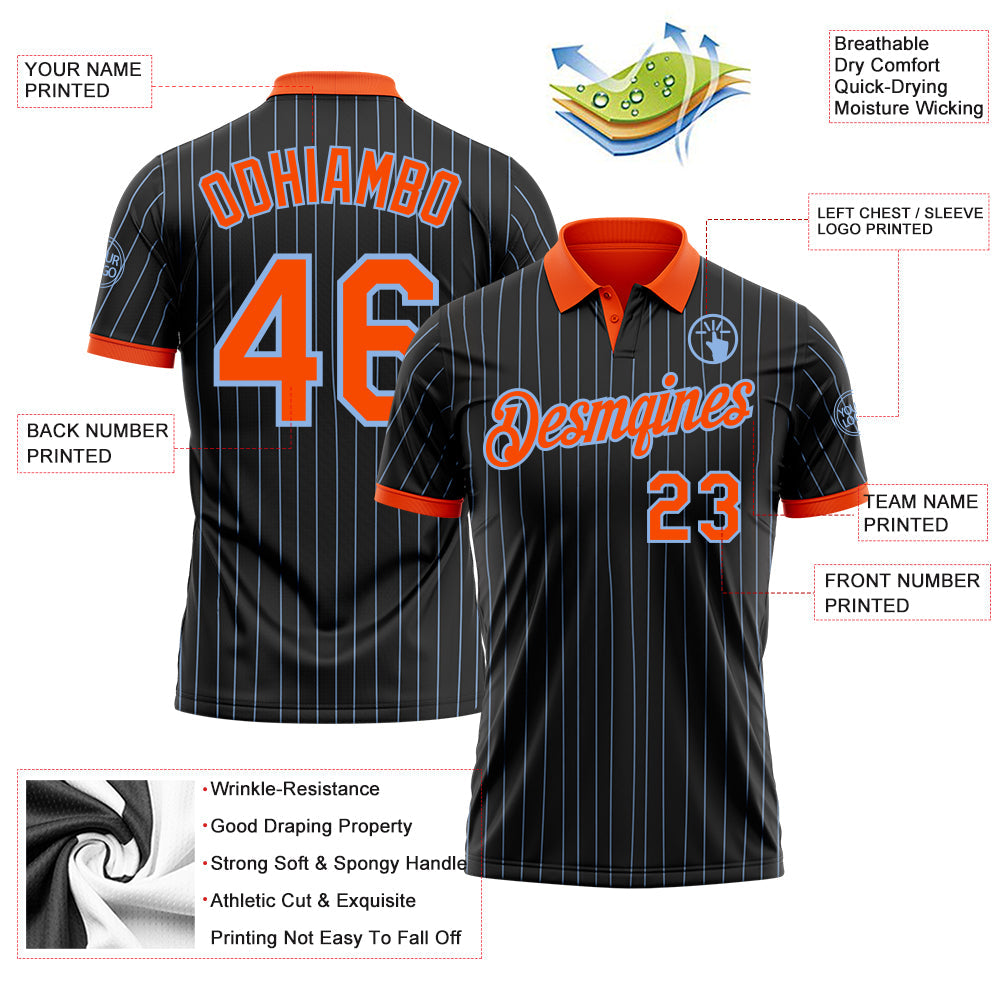 Custom Black Light Blue Pinstripe-Orange Performance Polo Shirt