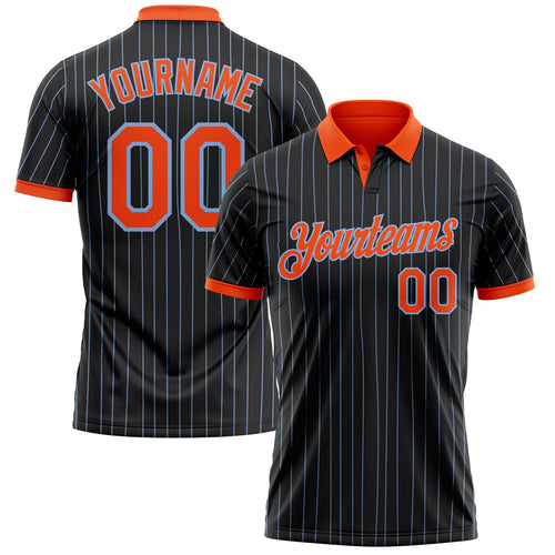 Custom Black Light Blue Pinstripe-Orange Performance Polo Shirt