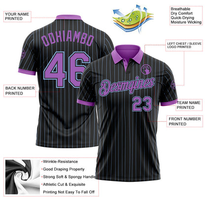 Custom Black Light Blue Pinstripe-Medium Purple Performance Polo Shirt