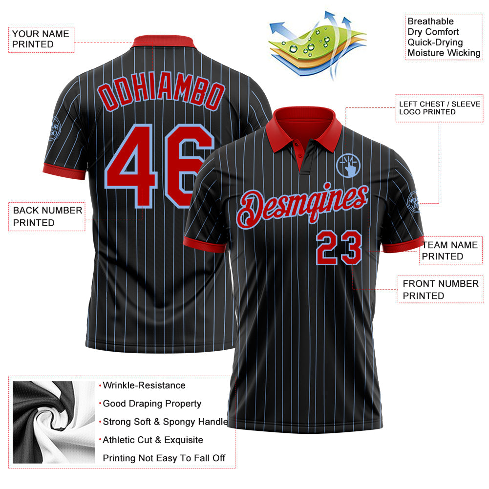 Custom Black Light Blue Pinstripe-Red Performance Polo Shirt