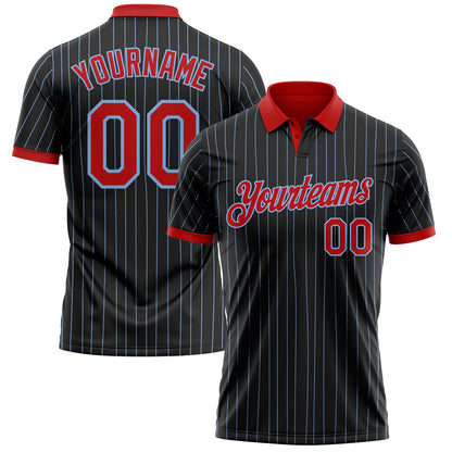 Custom Black Light Blue Pinstripe-Red Performance Polo Shirt