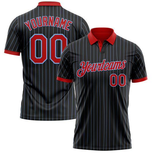 Custom Black Light Blue Pinstripe-Red Performance Polo Shirt