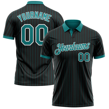 Custom Black Teal Pinstripe-White Performance Polo Shirt