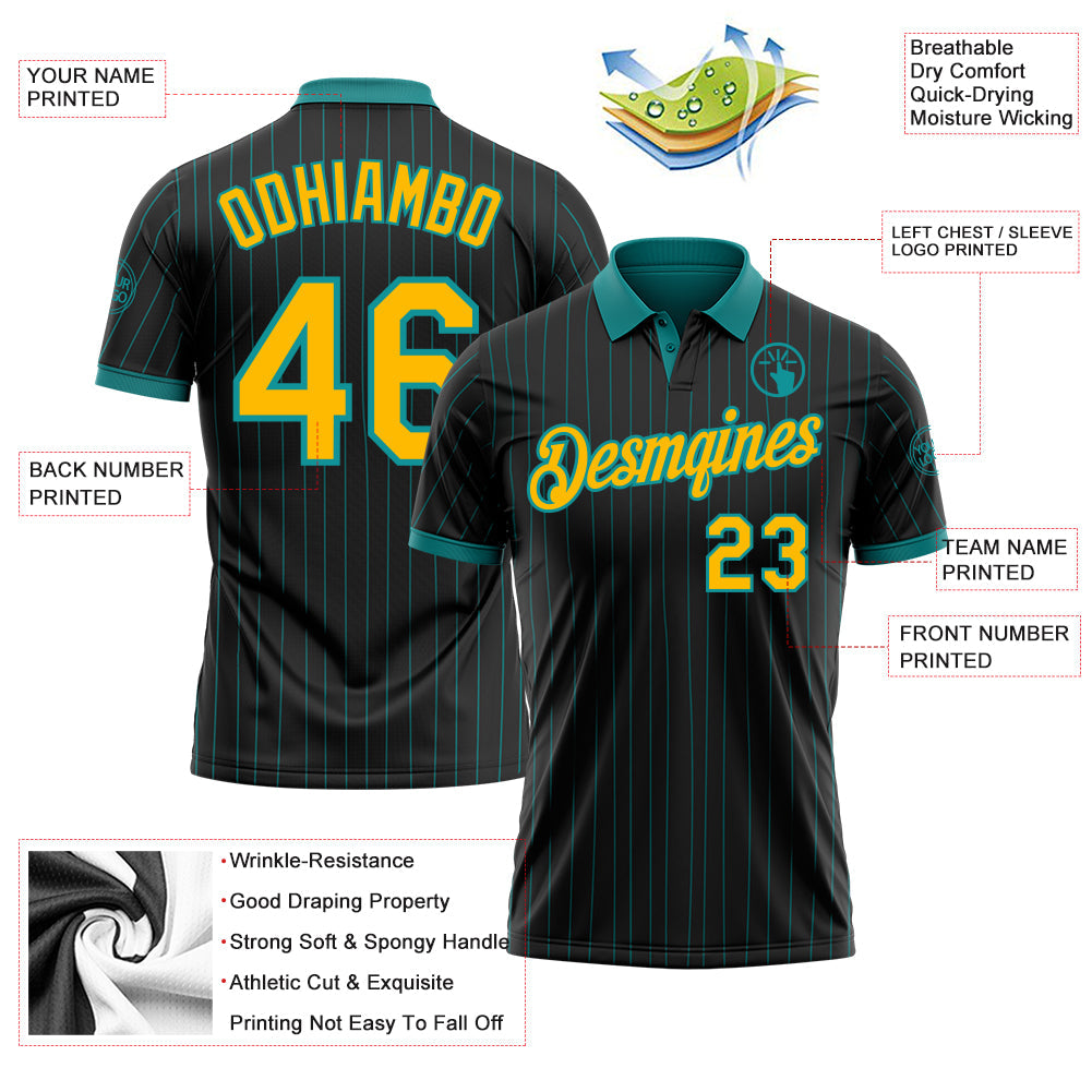 Custom Black Teal Pinstripe-Gold Performance Polo Shirt