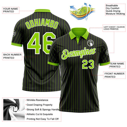 Custom Black Neon Green Pinstripe-White Performance Polo Shirt