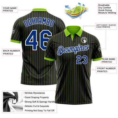 Custom Black Neon Green Pinstripe Royal-White Performance Polo Shirt