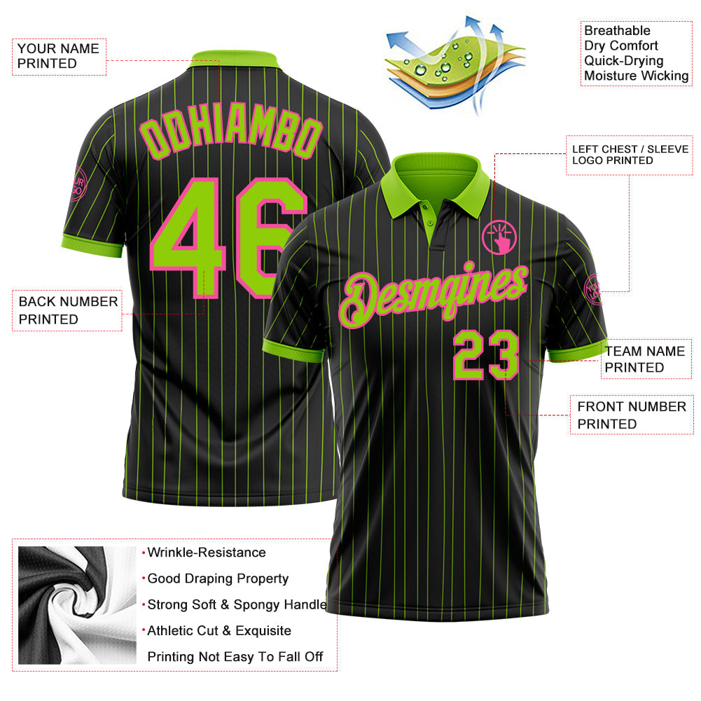 Custom Black Neon Green Pinstripe-Pink Performance Polo Shirt