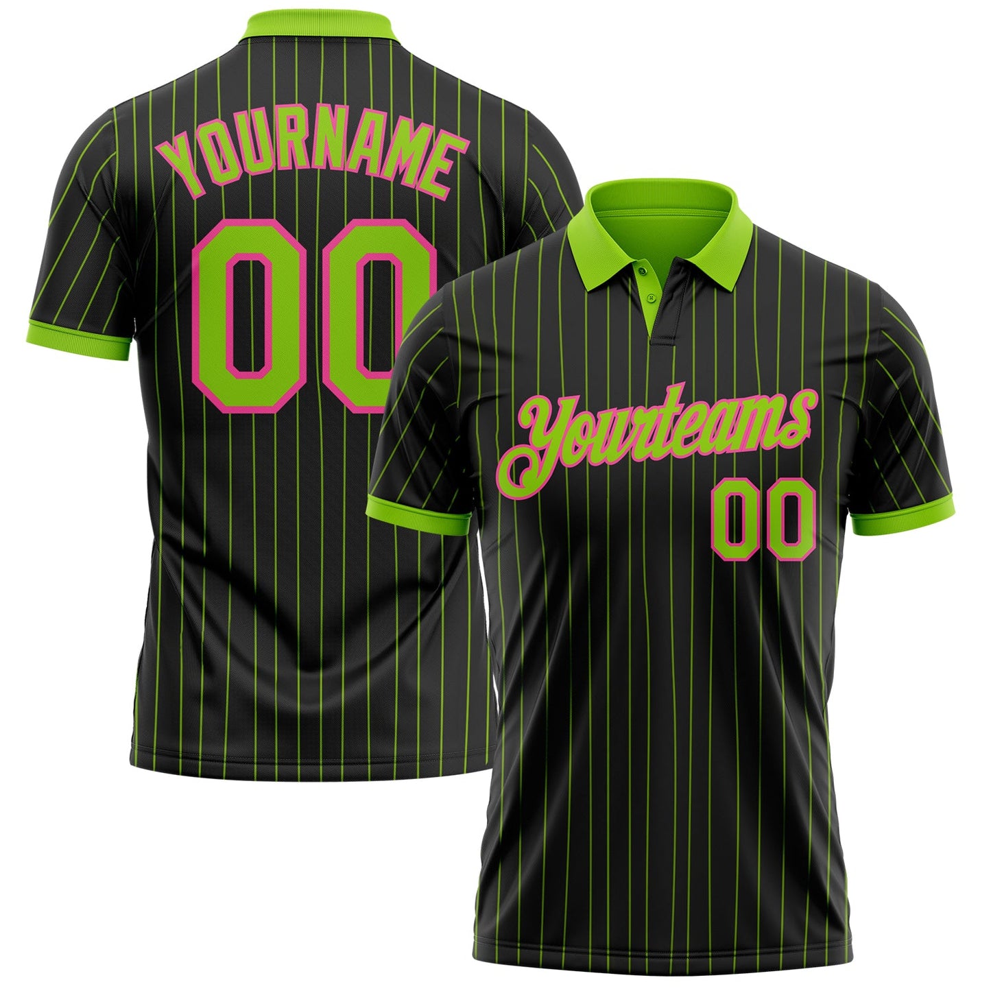 Custom Black Neon Green Pinstripe-Pink Performance Polo Shirt