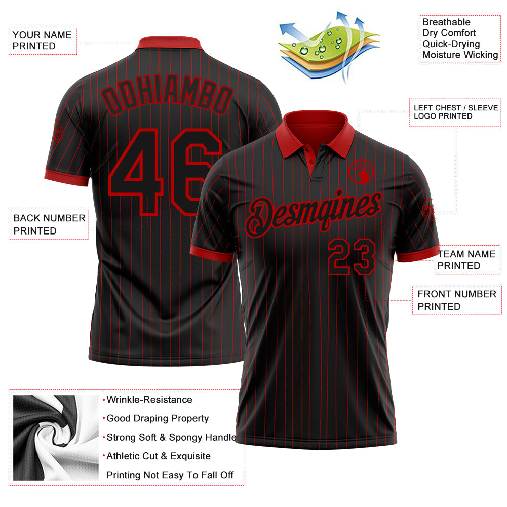 Custom Black Red Pinstripe-Red Performance Polo Shirt