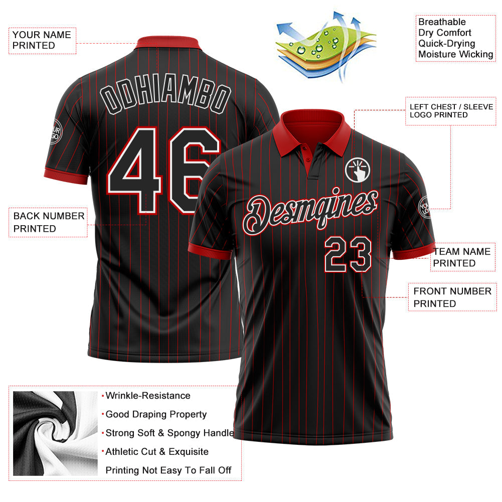 Custom Black Red Pinstripe-White Performance Polo Shirt