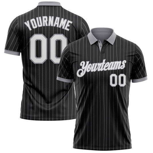 Custom Black Gray Pinstripe-White Performance Polo Shirt