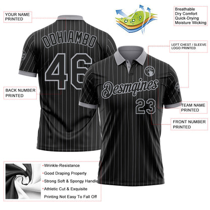 Custom Black Gray Pinstripe-Gray Performance Polo Shirt