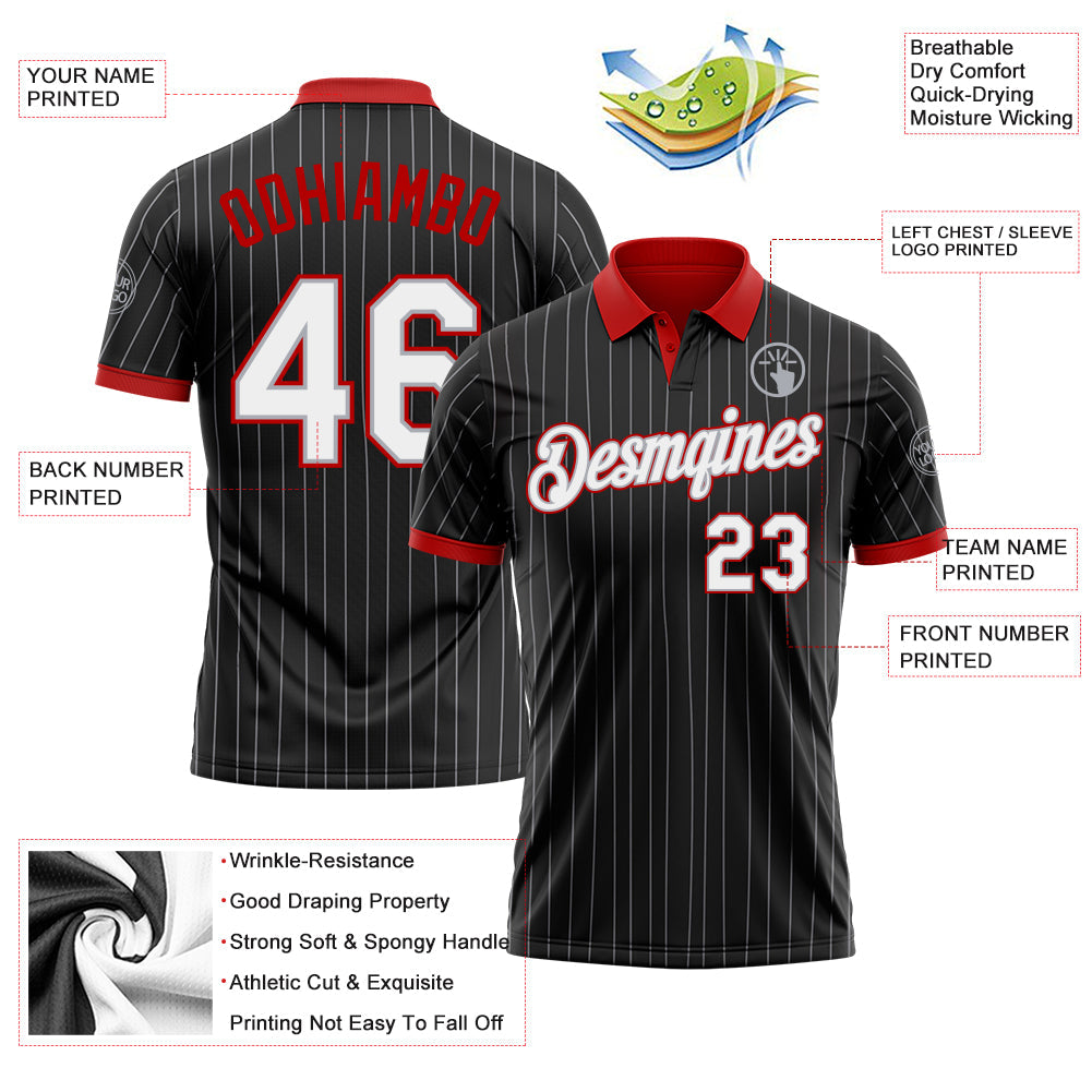 Custom Black Gray Pinstripe White-Red Performance Polo Shirt