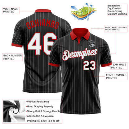 Custom Black Gray Pinstripe White-Red Performance Polo Shirt