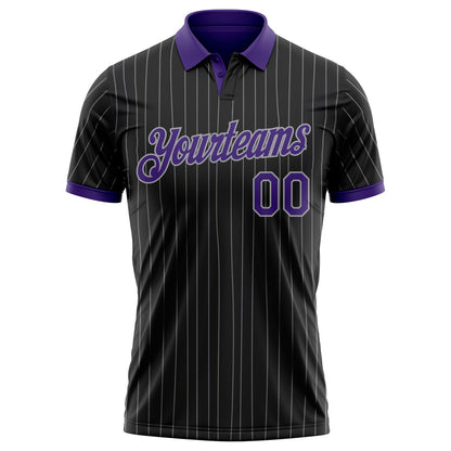 Custom Black Gray Pinstripe-Purple Performance Polo Shirt