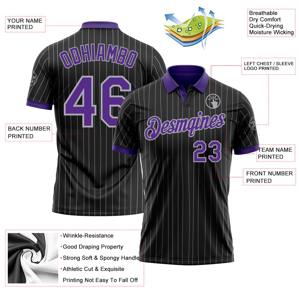 Custom Black Gray Pinstripe-Purple Performance Polo Shirt