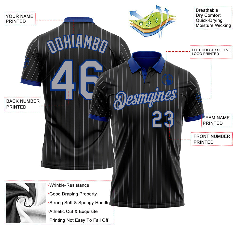 Custom Black Gray Pinstripe-Royal Performance Polo Shirt