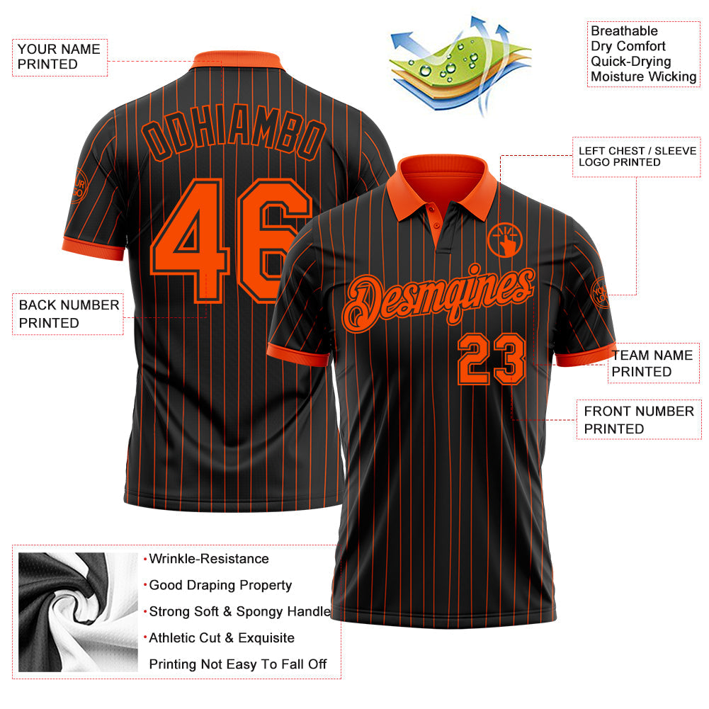 Custom Black Orange Pinstripe-Orange Performance Polo Shirt