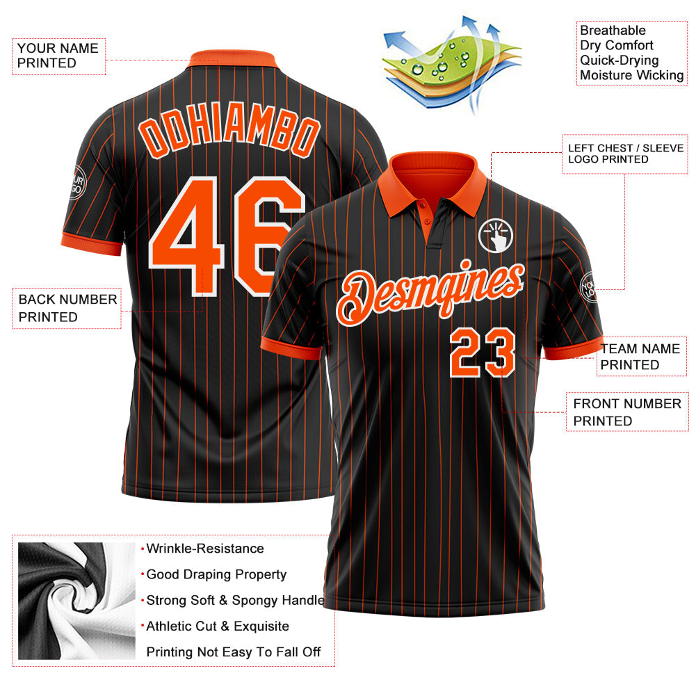 Custom Black Orange Pinstripe-White Performance Polo Shirt