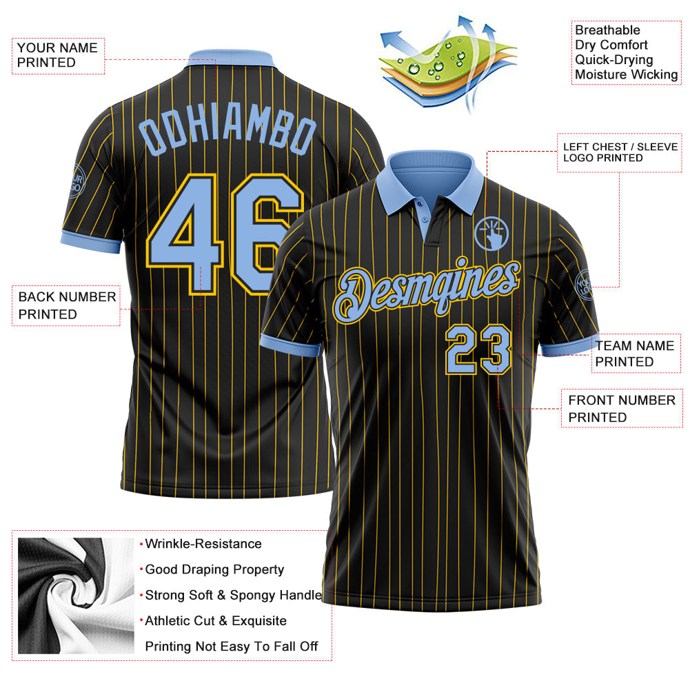 Custom Black Yellow Pinstripe-Light Blue Performance Polo Shirt