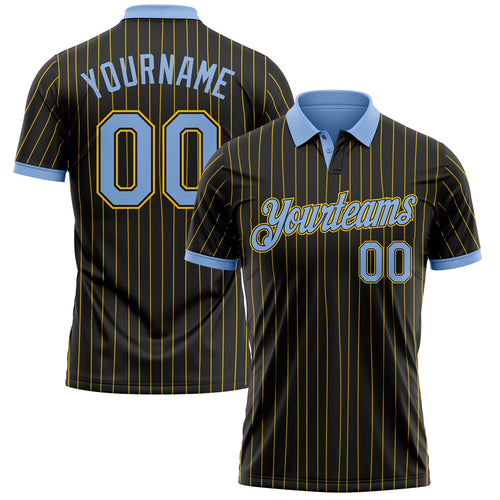 Custom Black Yellow Pinstripe-Light Blue Performance Polo Shirt
