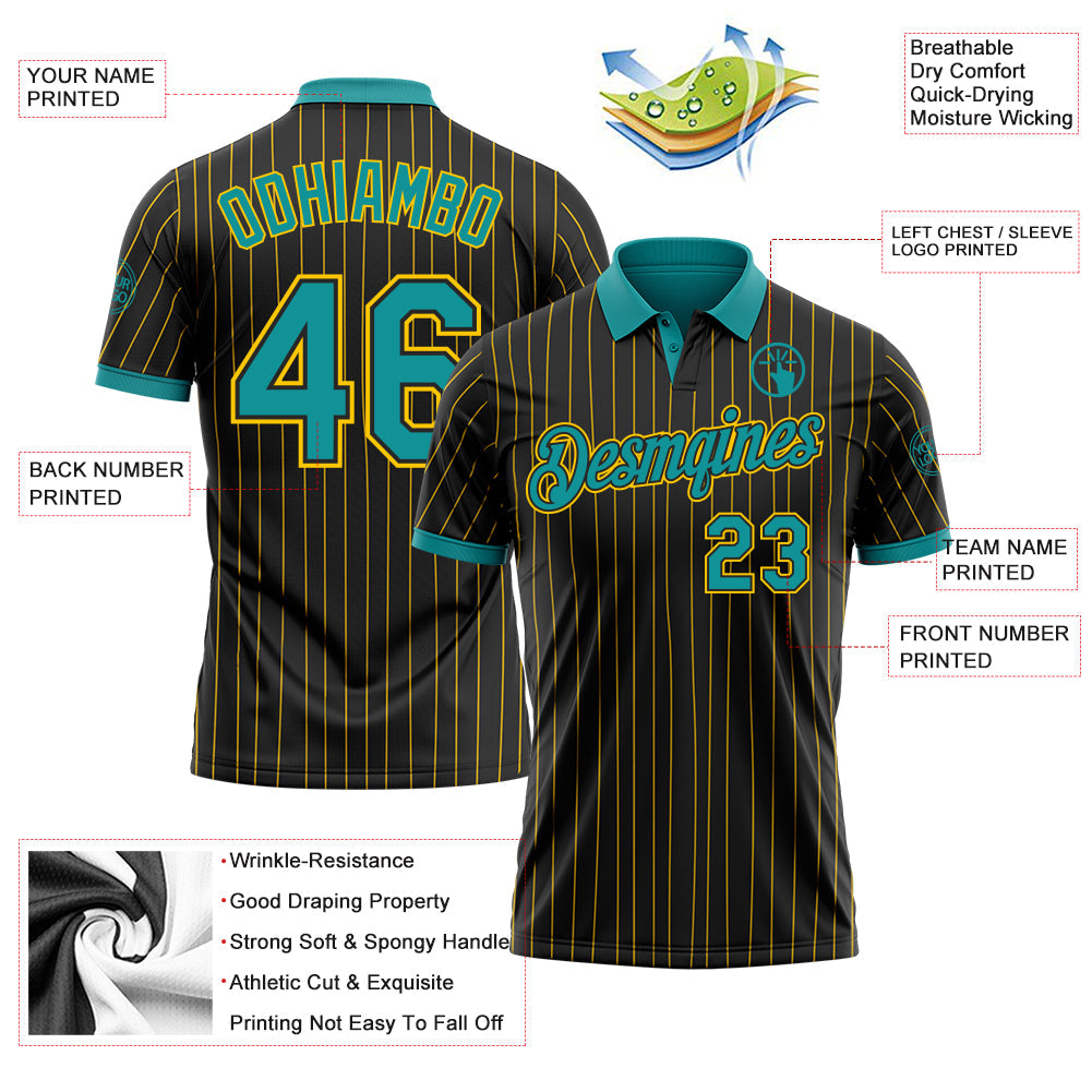 Custom Black Yellow Pinstripe-Teal Performance Polo Shirt
