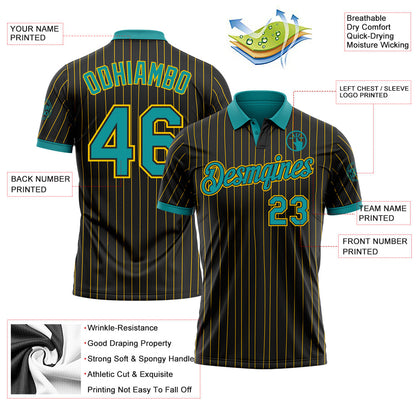 Custom Black Yellow Pinstripe-Teal Performance Polo Shirt