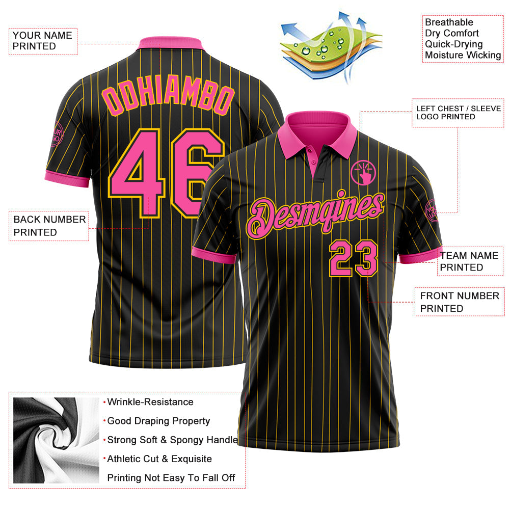 Custom Black Yellow Pinstripe-Pink Performance Polo Shirt