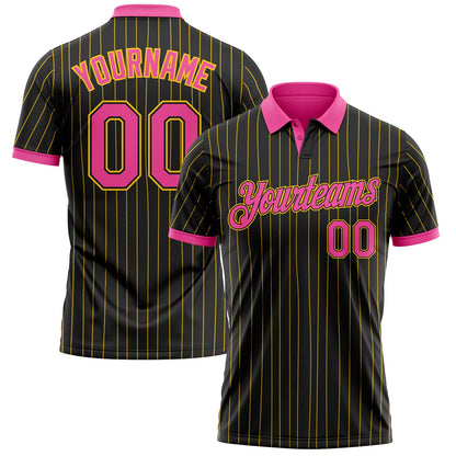 Custom Black Yellow Pinstripe-Pink Performance Polo Shirt