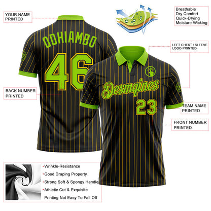 Custom Black Yellow Pinstripe-Neon Green Performance Polo Shirt