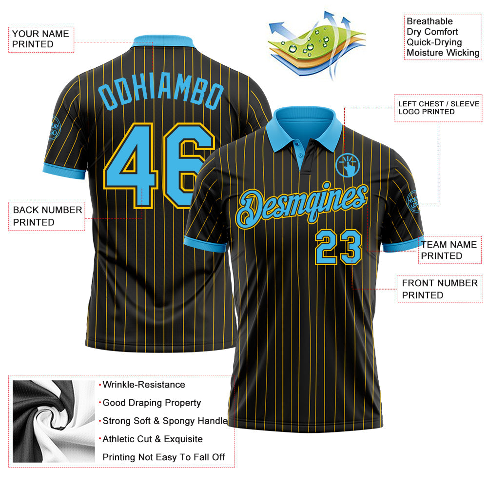 Custom Black Yellow Pinstripe-Sky Blue Performance Polo Shirt