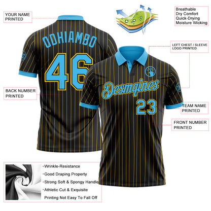Custom Black Yellow Pinstripe-Sky Blue Performance Polo Shirt