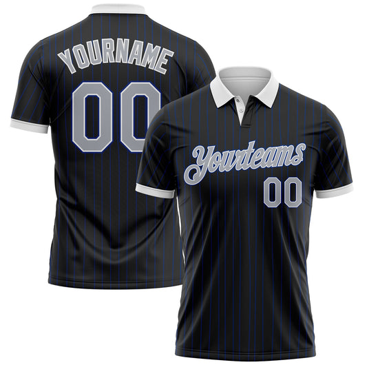 Custom Black Royal Pinstripe Gray-White Performance Polo Shirt