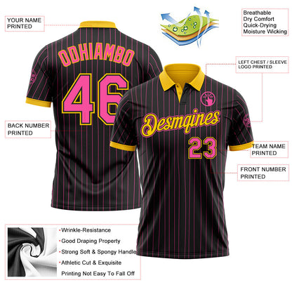 Custom Black Pink Pinstripe-Yellow Performance Polo Shirt
