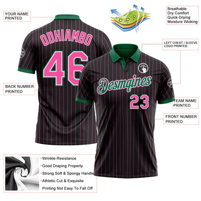 Custom Black Pink Pinstripe White-Kelly Green Performance Polo Shirt