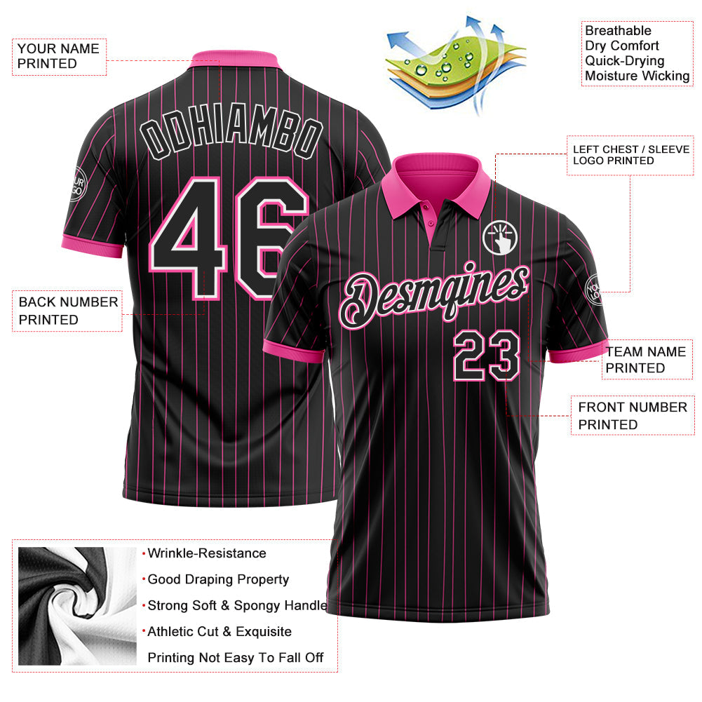 Custom Black Pink Pinstripe-White Performance Polo Shirt