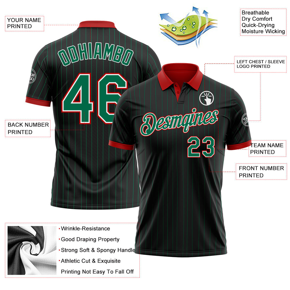 Custom Black Kelly Green Pinstripe White-Red Performance Polo Shirt