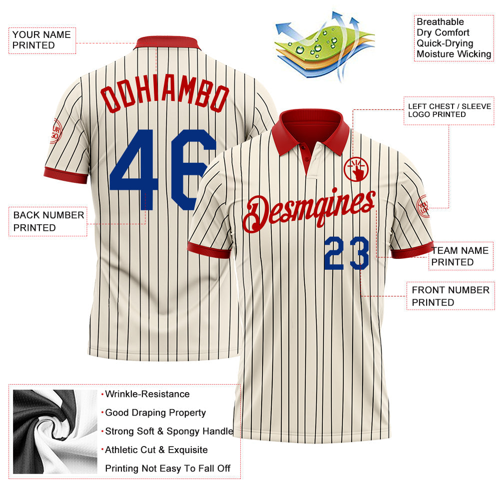 Custom Cream Black Pinstripe Royal-Red Performance Polo Shirt