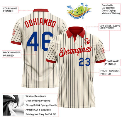 Custom Cream Black Pinstripe Royal-Red Performance Polo Shirt