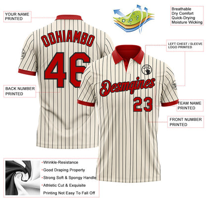 Custom Cream Black Pinstripe-Red Performance Polo Shirt