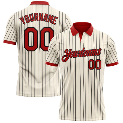 Custom Cream Black Pinstripe-Red Performance Polo Shirt