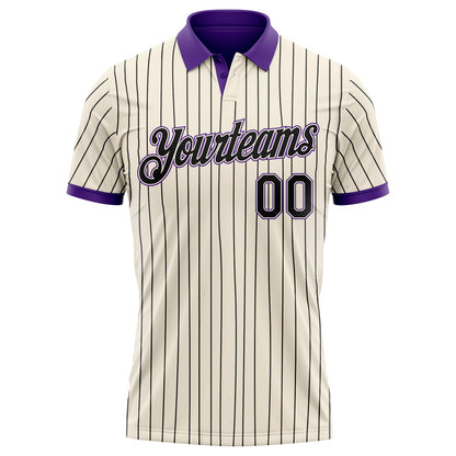 Custom Cream Black Pinstripe-Purple Performance Polo Shirt