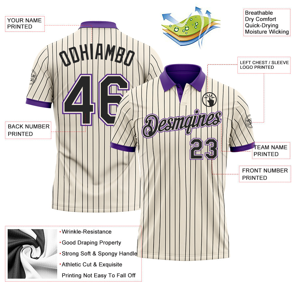 Custom Cream Black Pinstripe-Purple Performance Polo Shirt