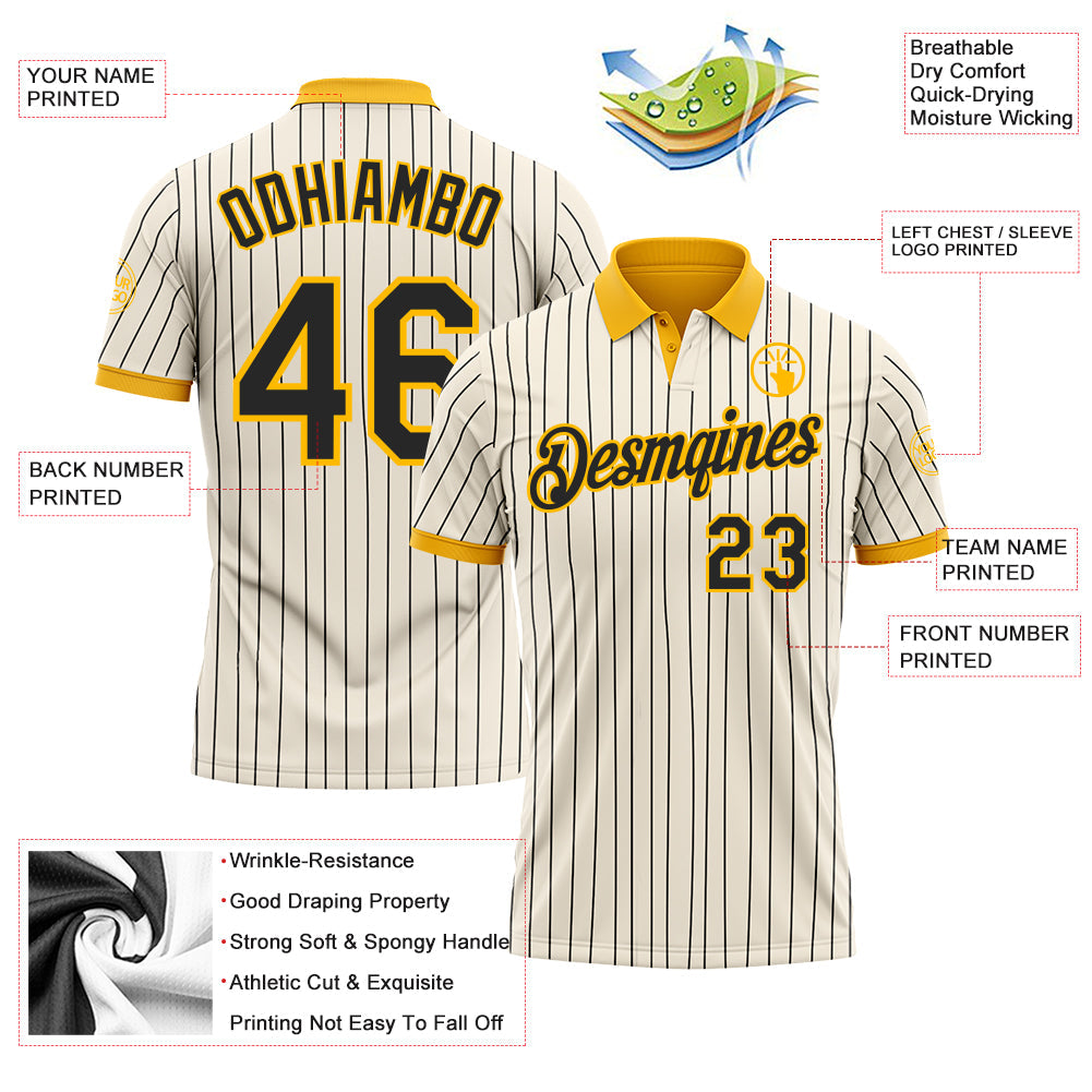 Custom Cream Black Pinstripe-Gold Performance Polo Shirt